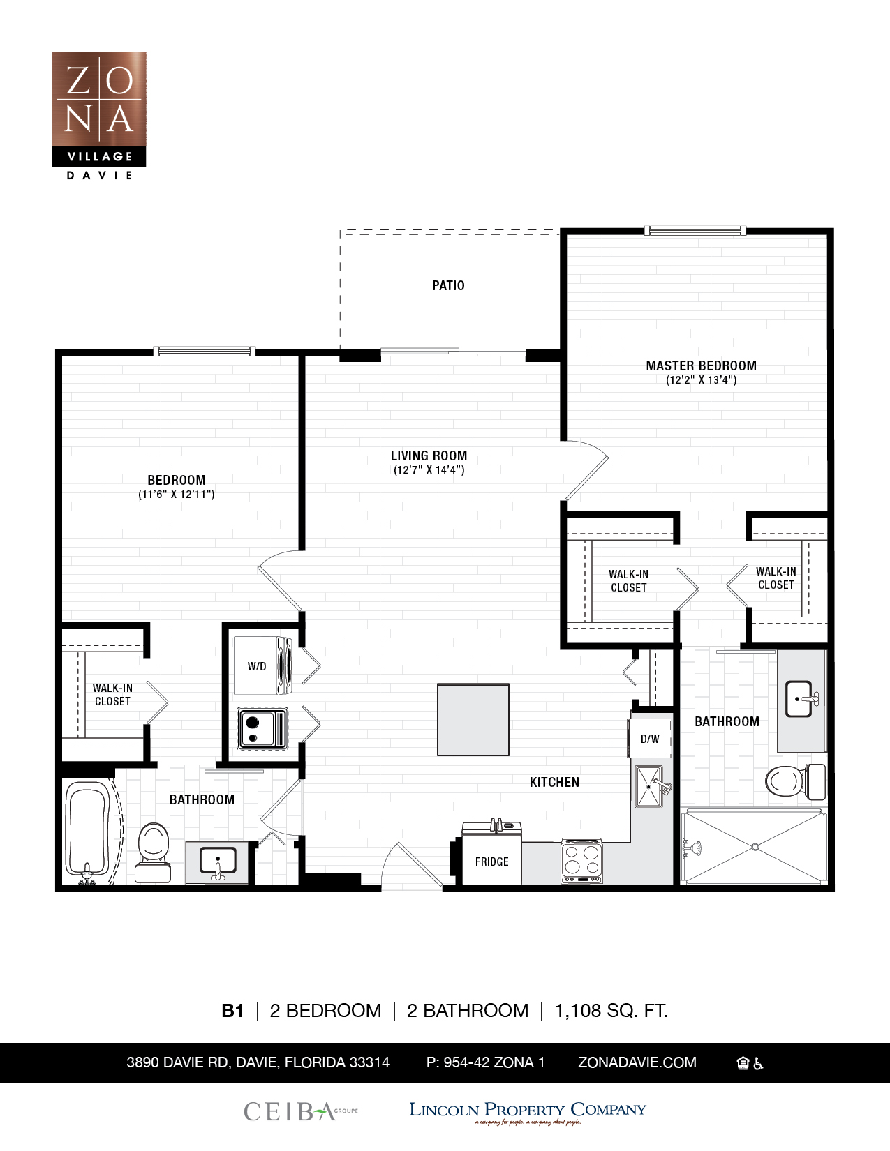 Floor plan for 2 beds, 2 baths, 1108 sqft